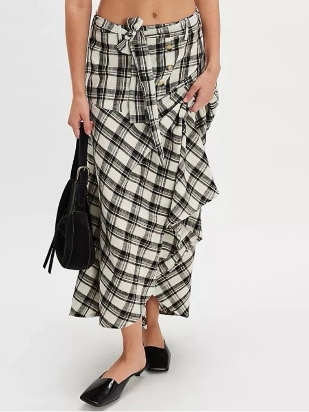 Free People Plaid After You Skirt Size XS Black Off White Buttons Belt